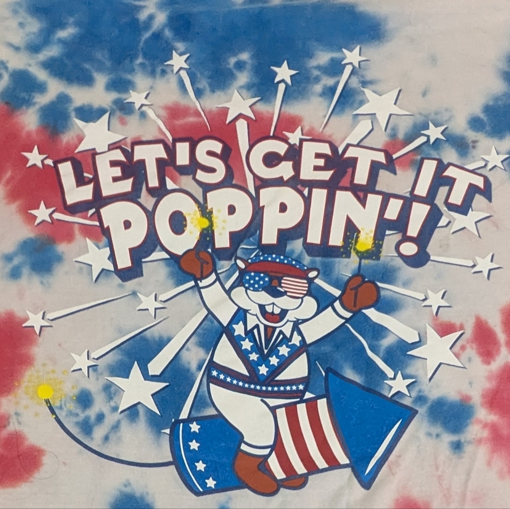 Buc-ees's 4th Of July Tie Dye Evel Knievel Let's Get Poppin Tee Red White Blue